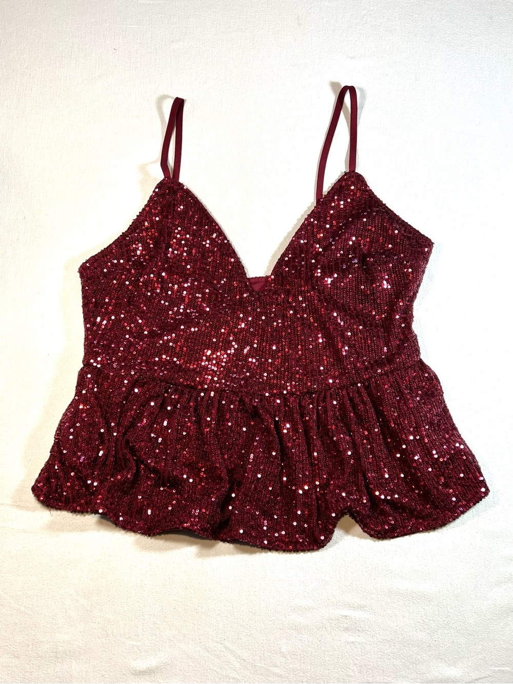 Boohoo Wine Sequin Peplum Camisole, Party, Holidays, Dancing, Cocktail, Glam